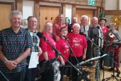 With the Chairman of Horsham District Council Peter Burgess (wearing chain of office), party organiser Debbie Lees and other dignitaries at the Roffey Friendship Group's Christmas do (photo by Robin Christian)